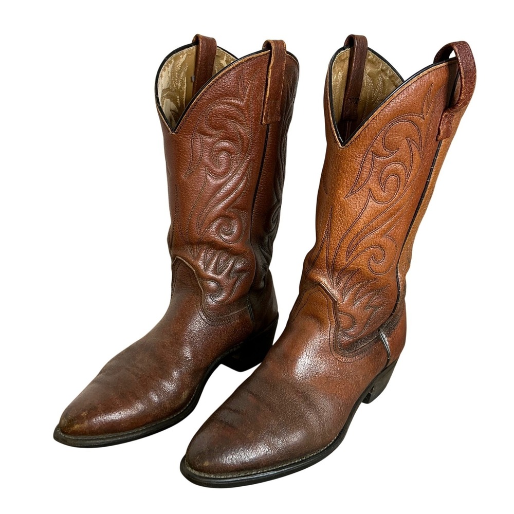 Nocona Mens 10.5D Western Cowboy Boots Brown Leather Snip Toe USA Made Vtg